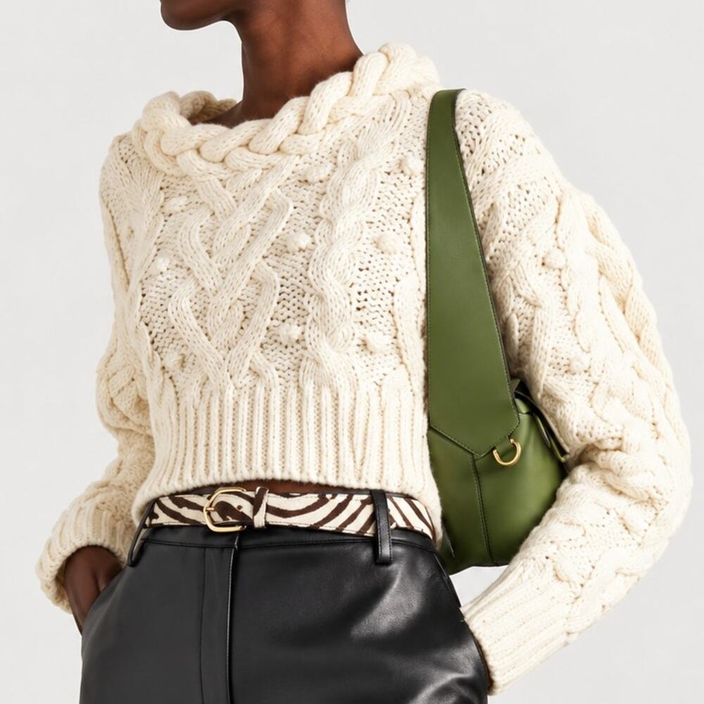 LoveShackFancy Galiona Cropped Sweater Pom-Pom Chunky Cable Knit Alpaca Blend